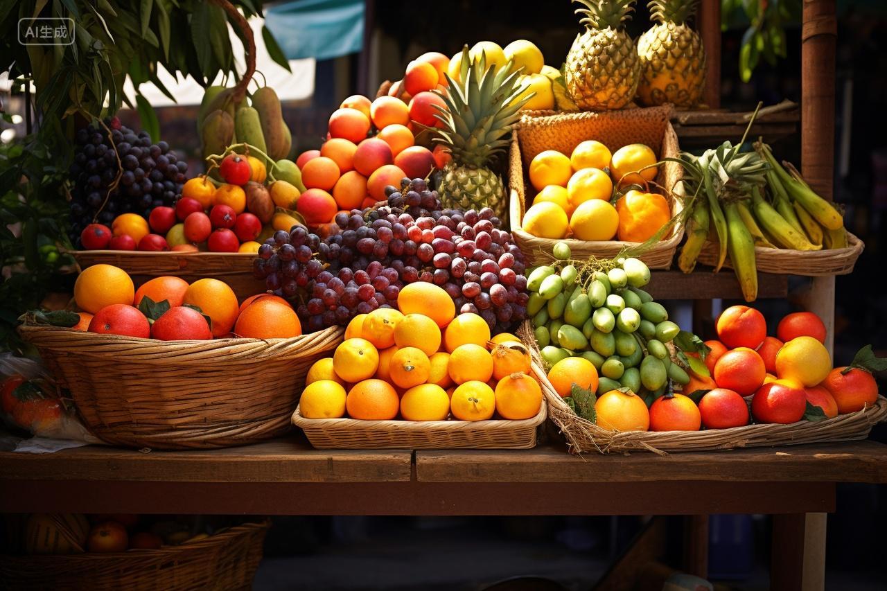 桌子上一堆新鲜水果食物水果店宣传