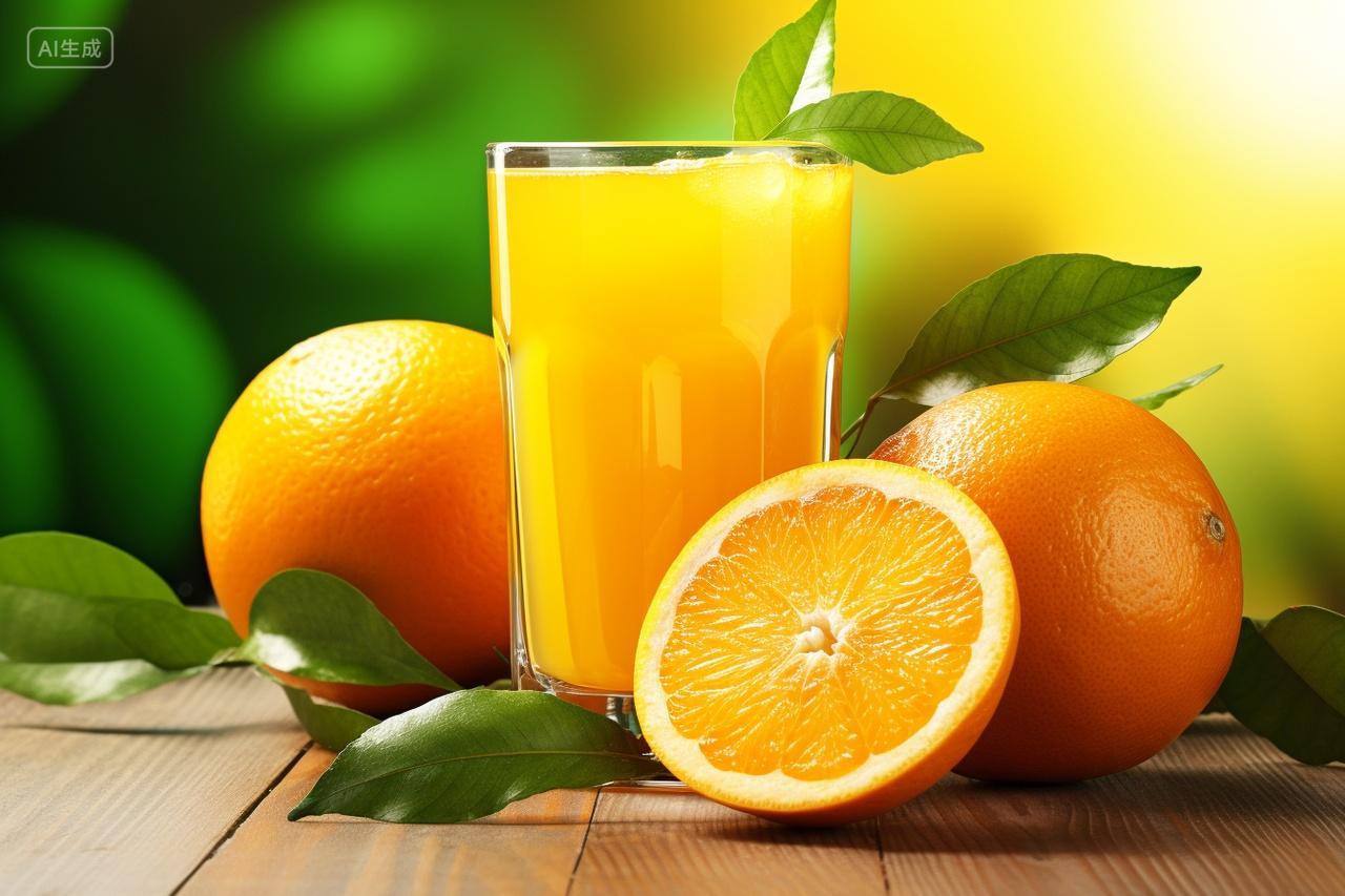 桌子上新鲜水果橙汁饮品宣传