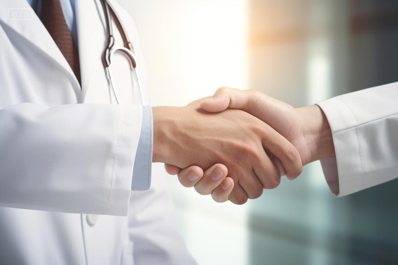 白大褂医生握手合作医疗团队