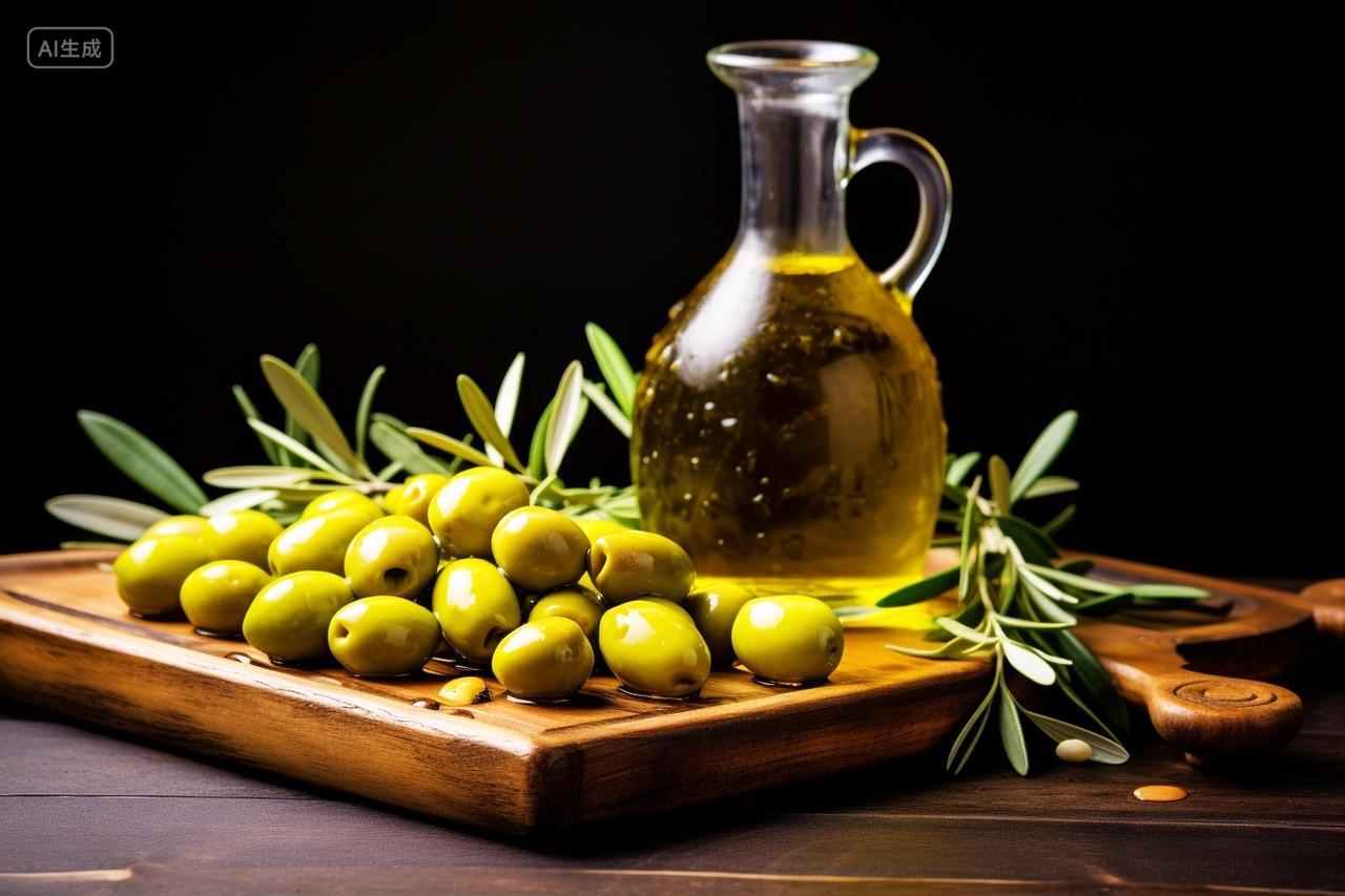 桌子上的橄榄油果和橄榄油
