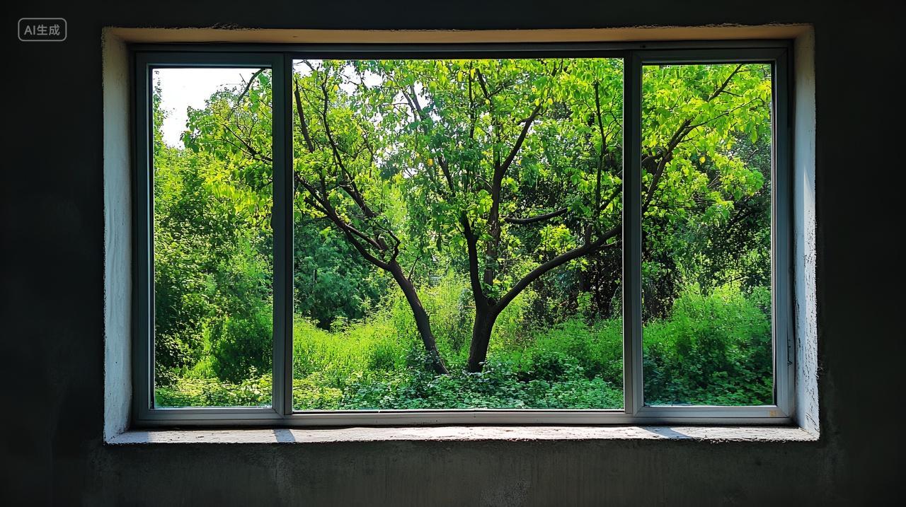 透过窗户看风景窗外的绿色世界森林