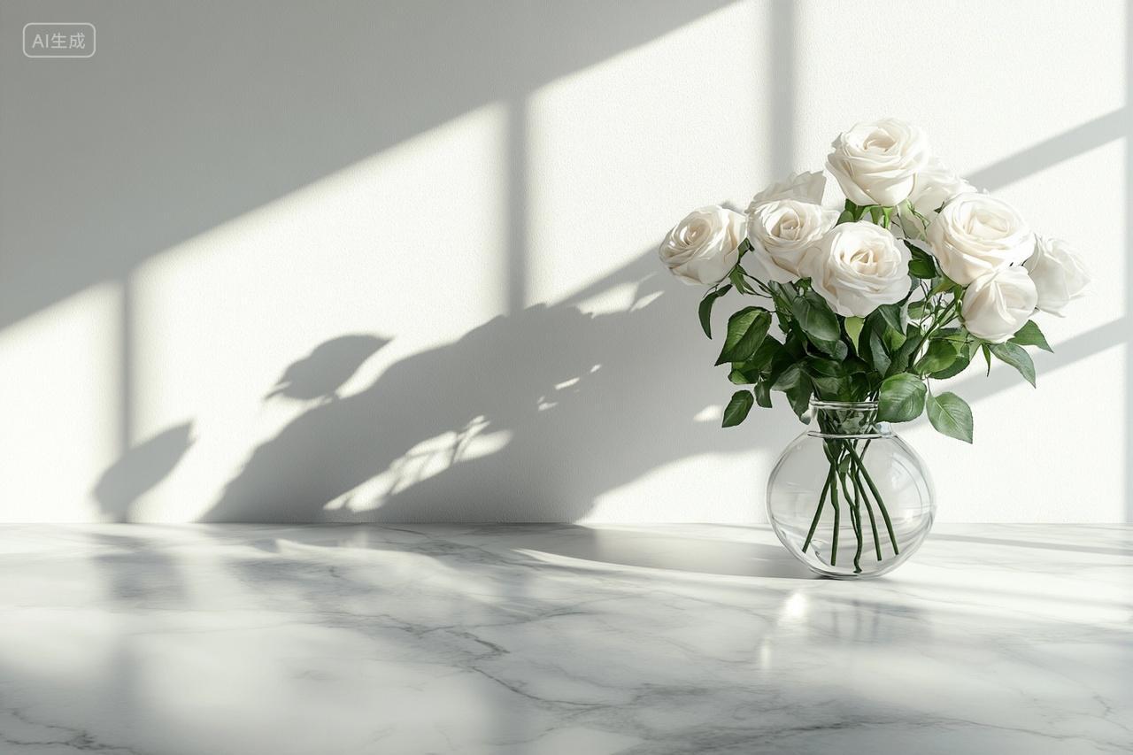 阳光照射在花瓶里面的白玫瑰花朵