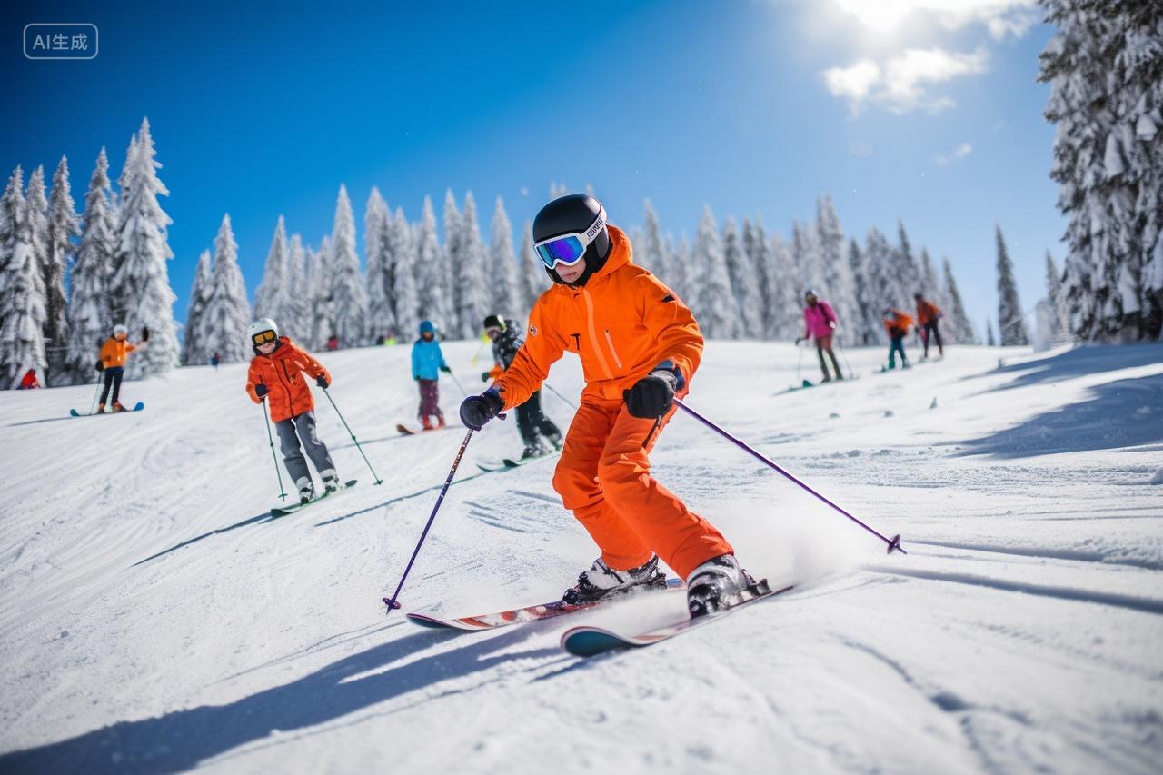 蓝天下冬季滑雪场滑雪的人