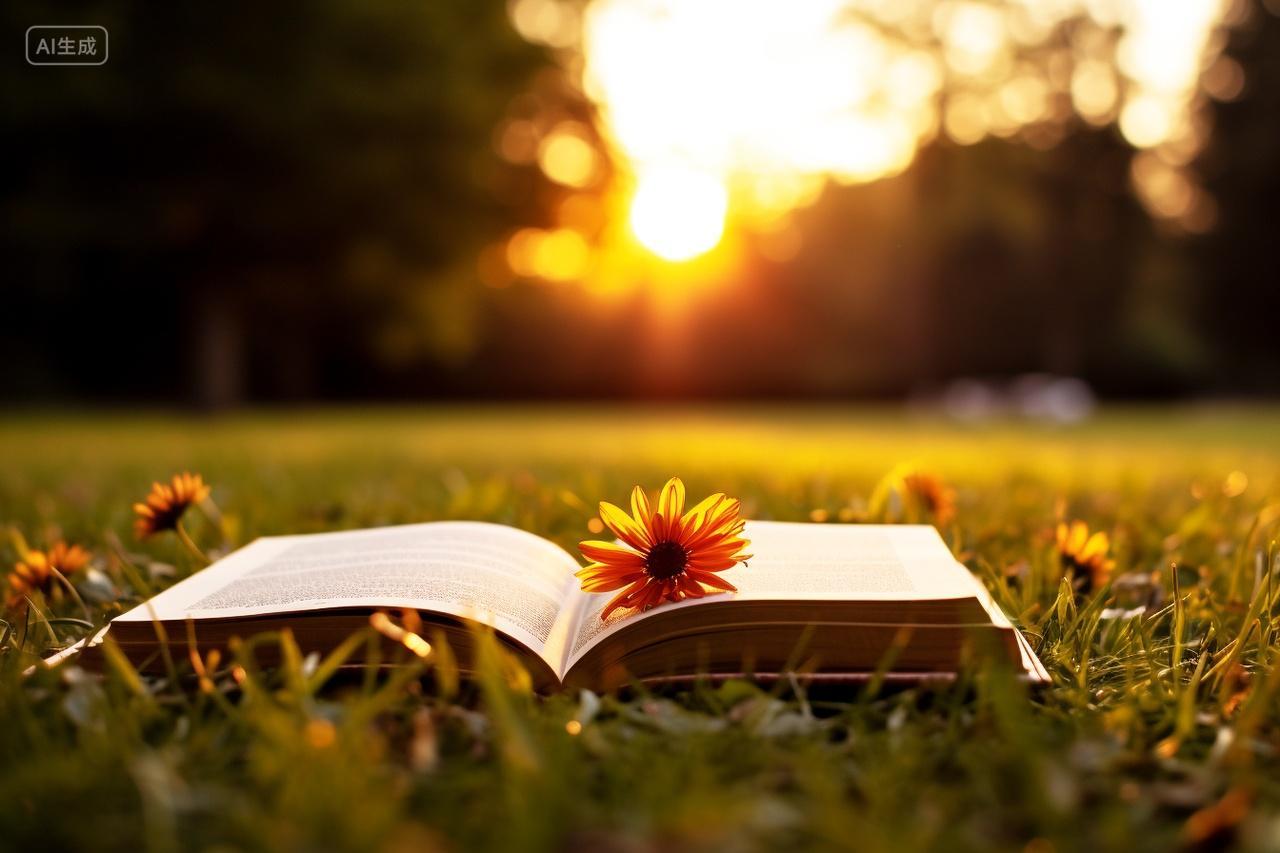 夕阳下草地上翻开的书本上放着一朵花
