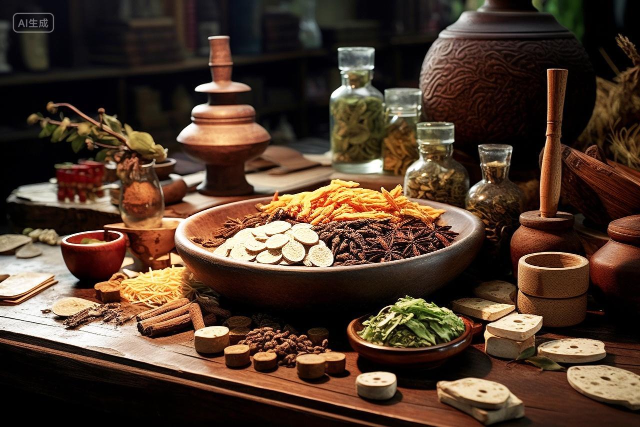 摆拍桌子上的各种中药药材