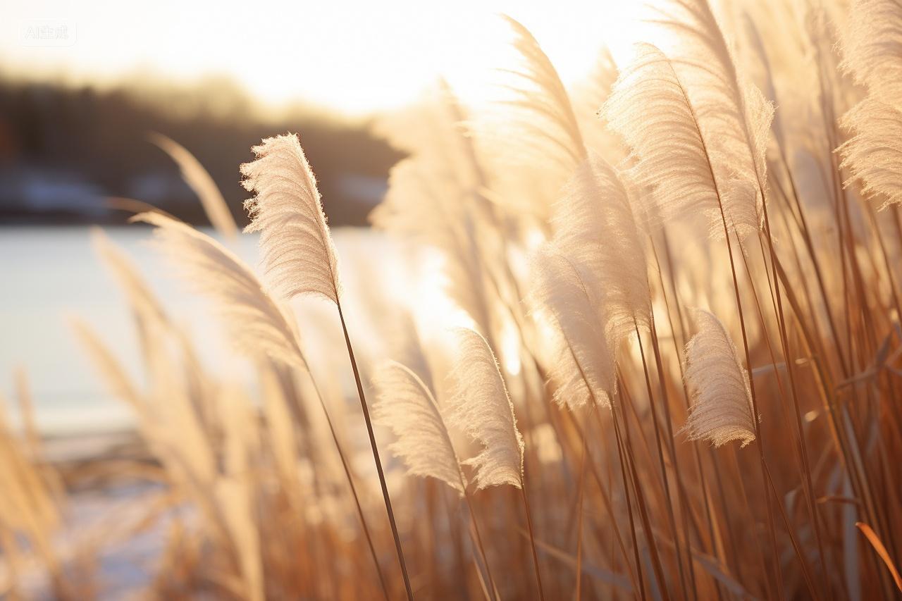 夕阳下唯美芦苇草植物小清新背景