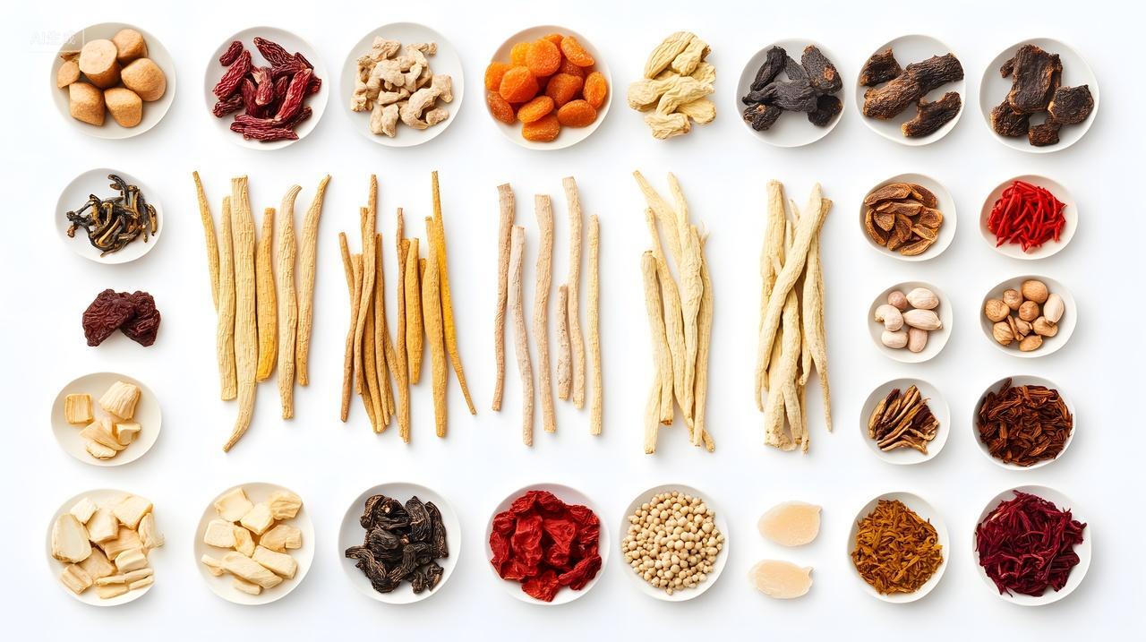 中药材药膳原料平铺展示秋季霜降养生滋补组合