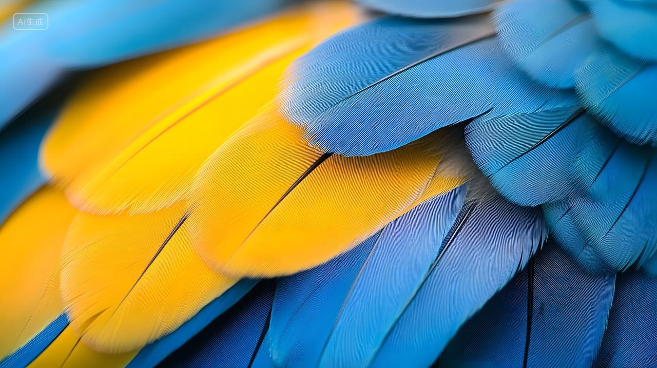 蓝黄色鹦鹉羽毛特写渐变色彩清晰细腻自然质感