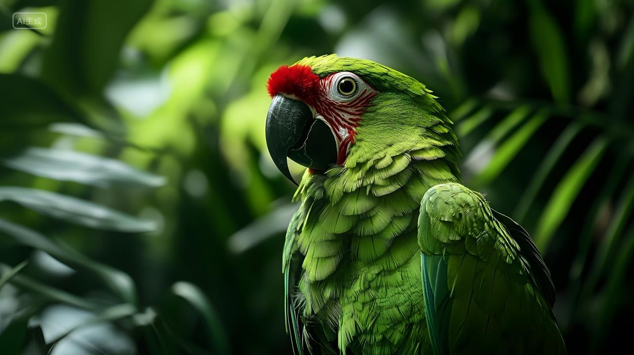 绿色鹦鹉森林栖息特写自然生态环境动物保护宣传
