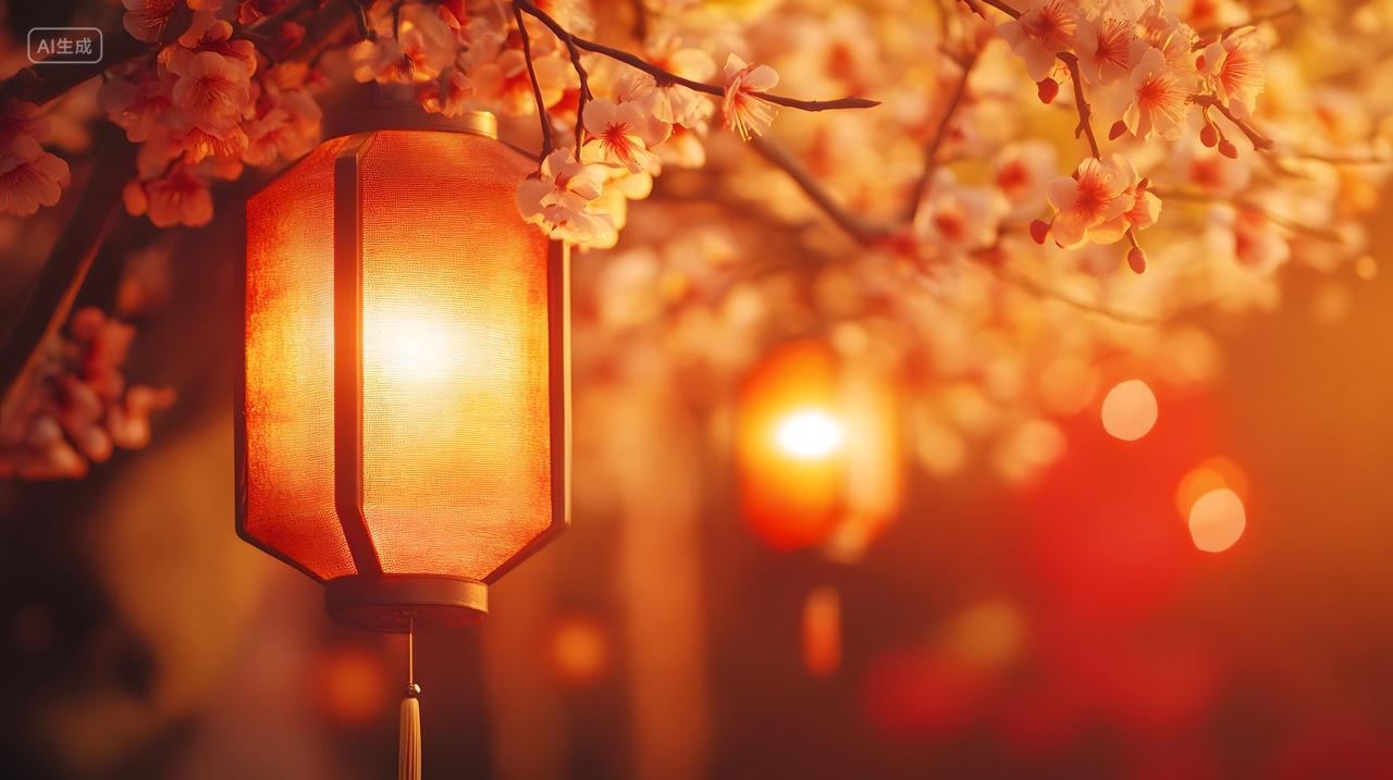 梅花树枝与温暖灯笼的节日装饰夜景