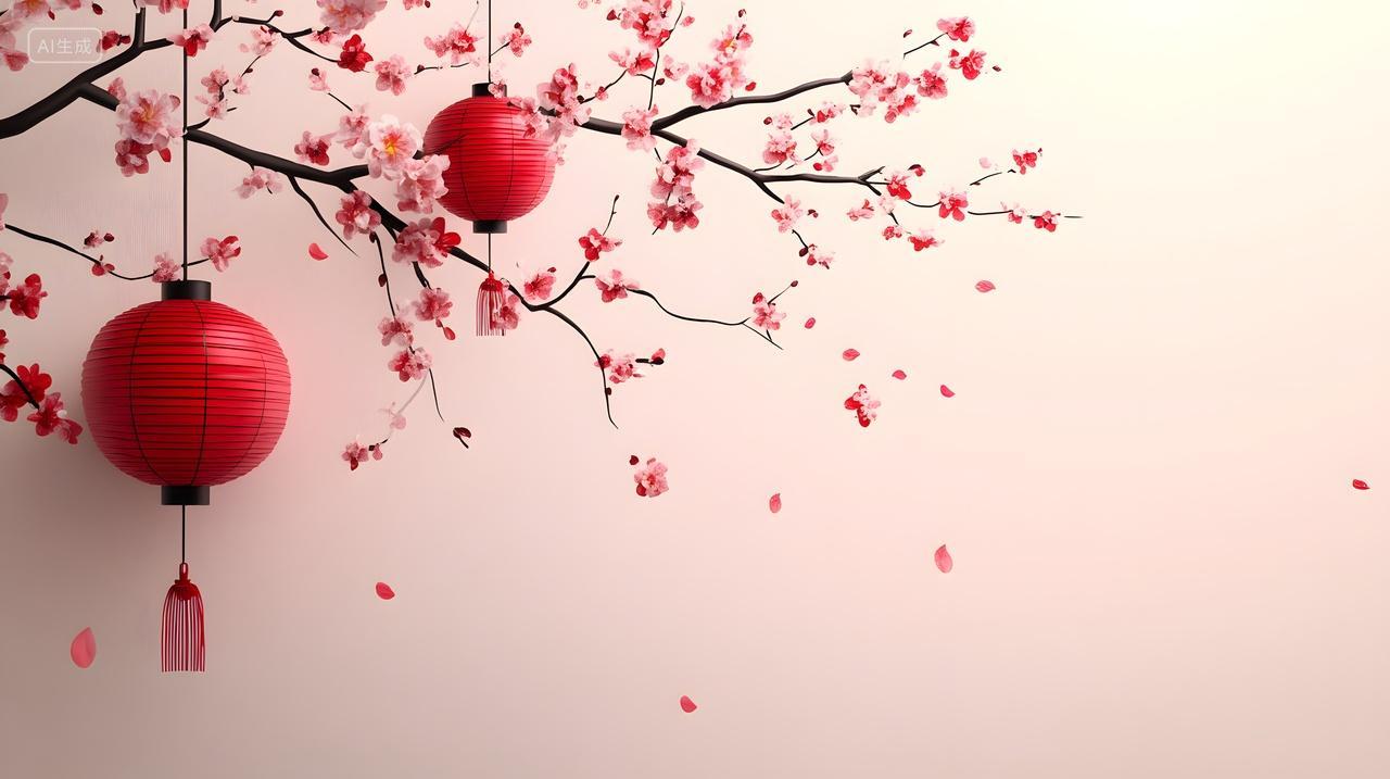 红色灯笼与梅花枝的简约中国风装饰