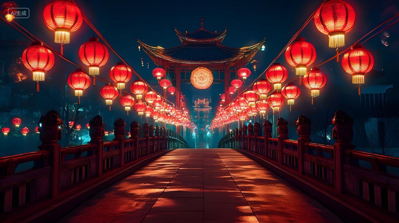 红色灯笼装饰的节日桥梁与传统建筑夜景