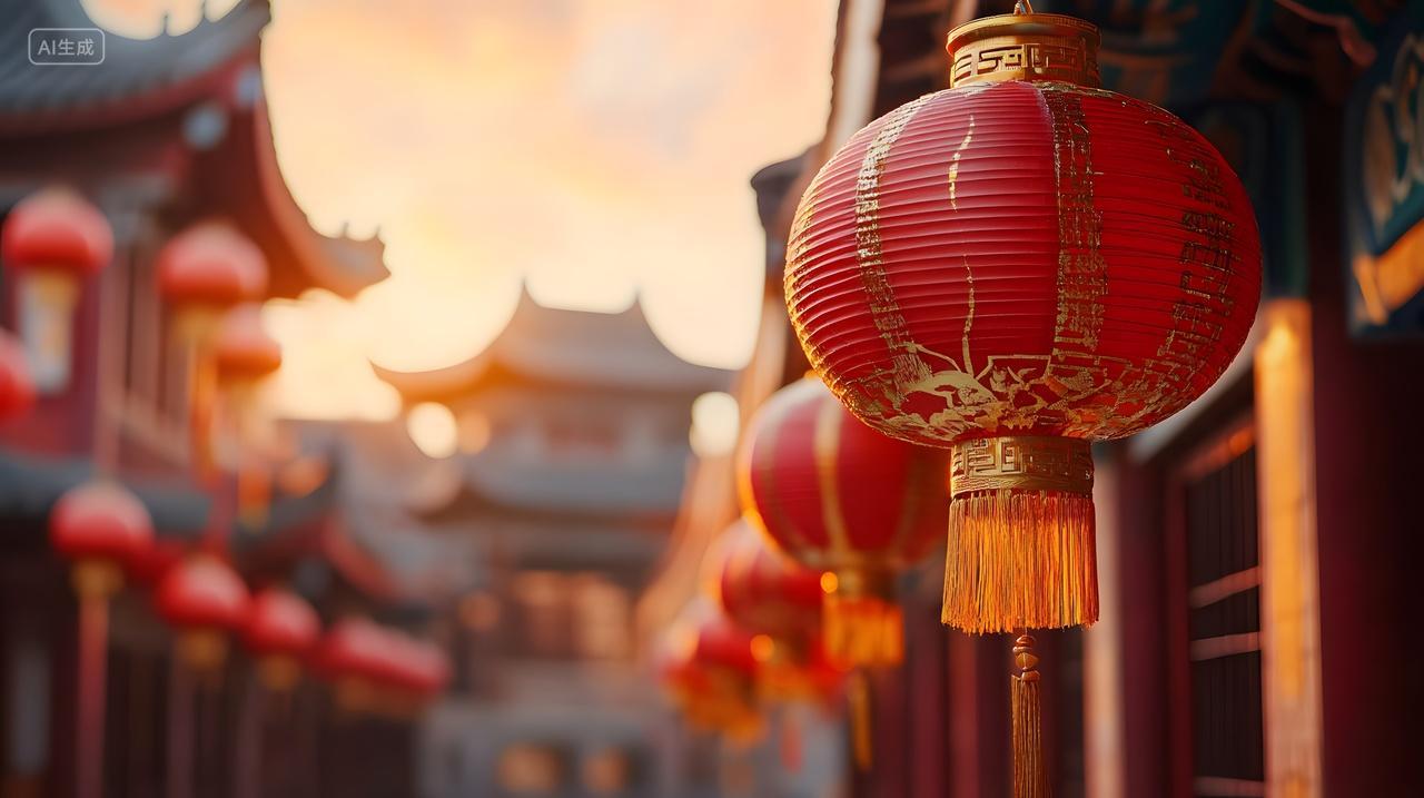 夕阳映照下的传统中国建筑与红色灯笼装饰