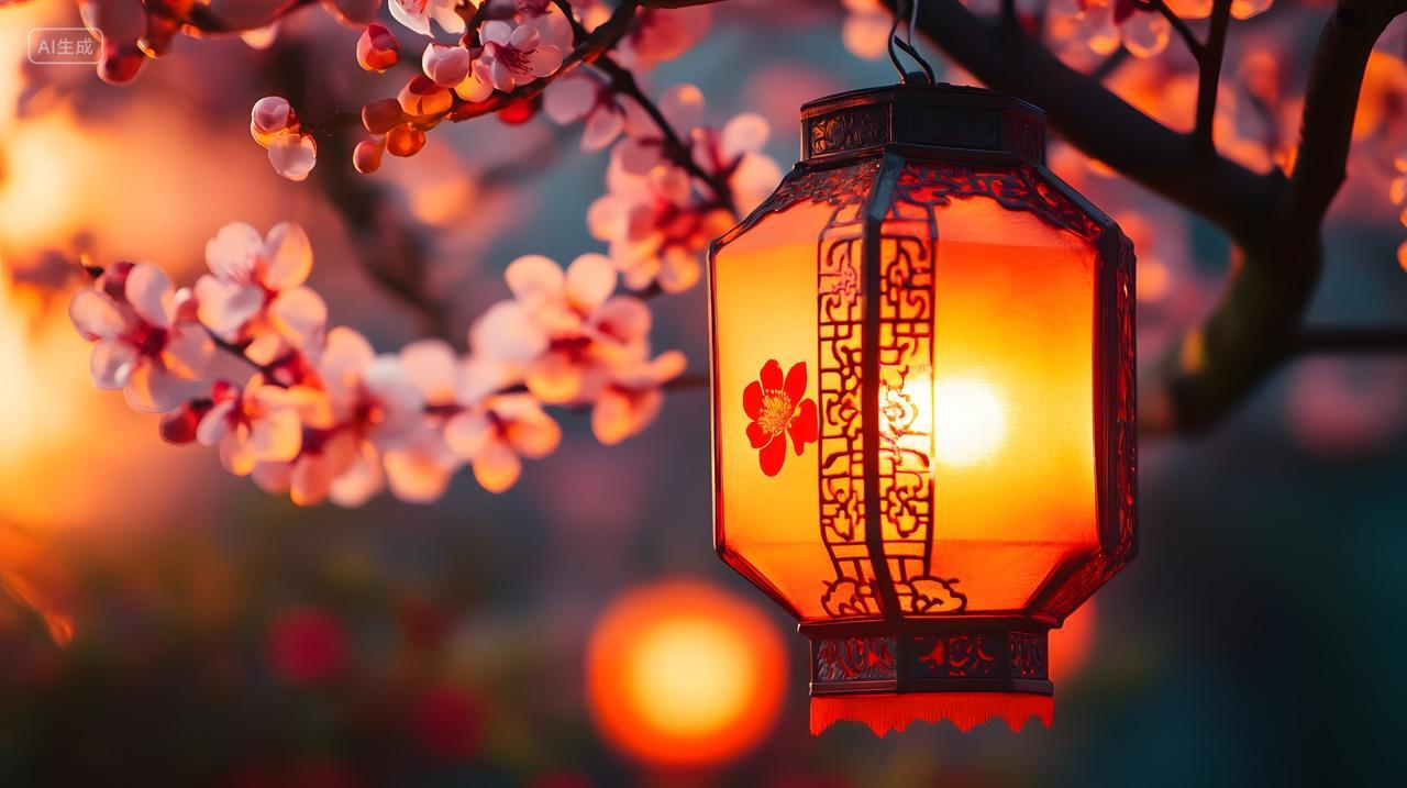 梅花与传统灯笼的节日装饰夜景