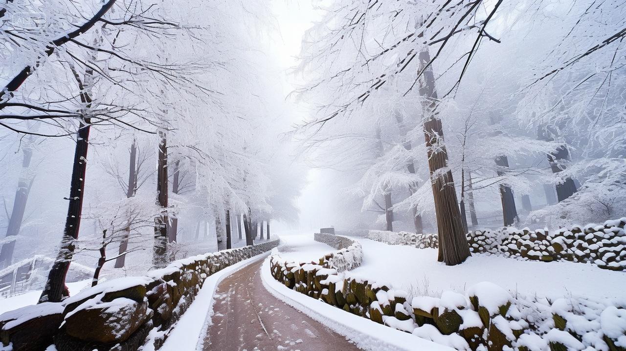 冬天堆满积雪的道路下雪景色