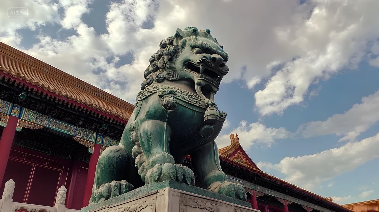 故宫石狮雕塑与传统建筑蓝天白云风景