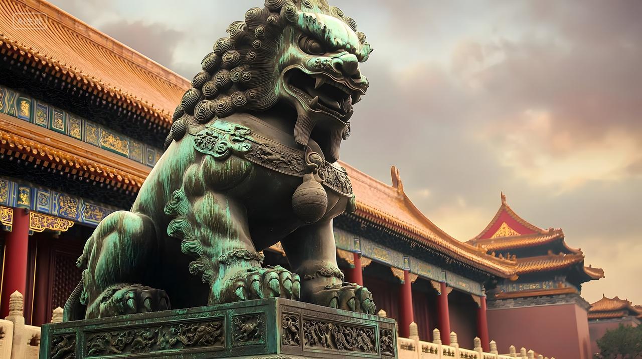 日落下的故宫石狮雕塑风景