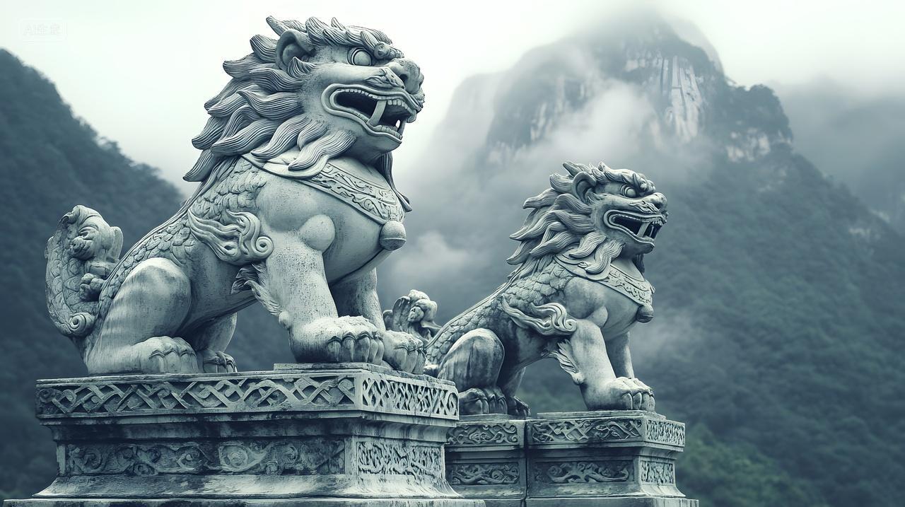 雾中山峦与传统石狮雕塑壁纸