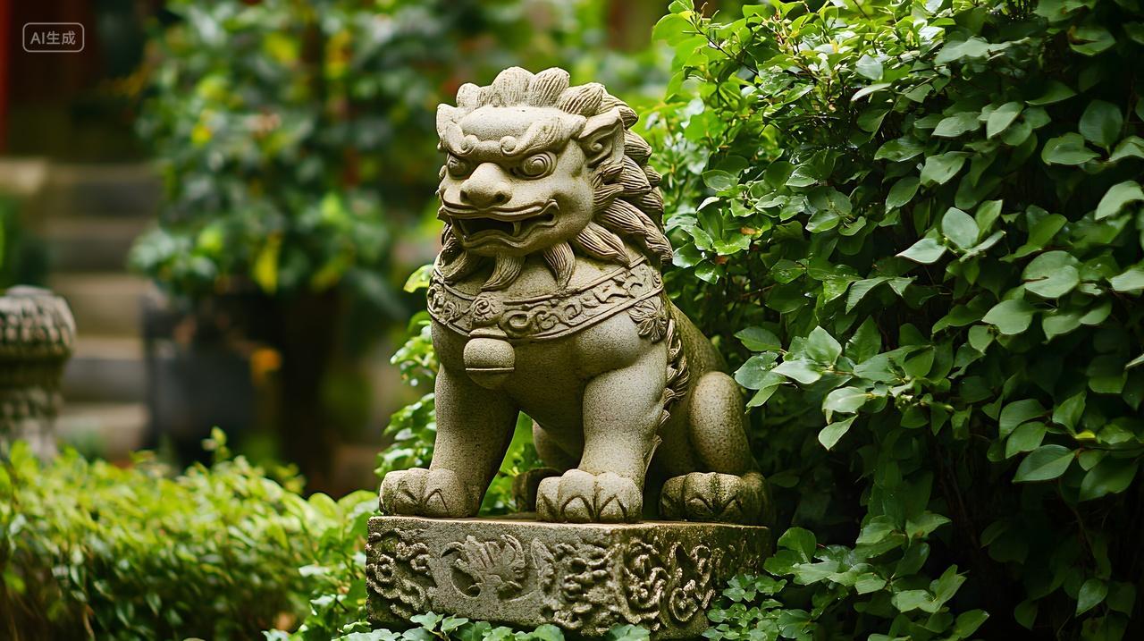 绿植中的石狮雕塑传统建筑庭院风景