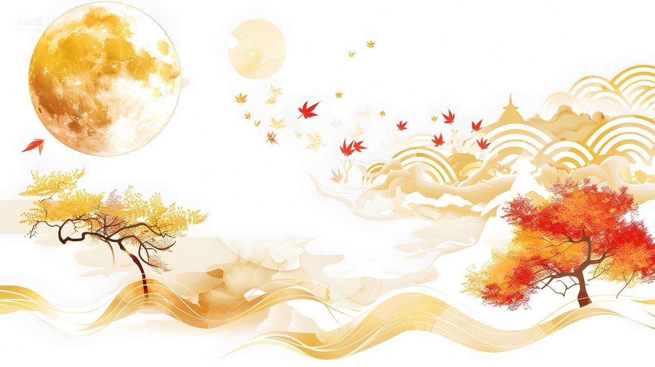 金色太阳秋季树木与云彩艺术风景插画