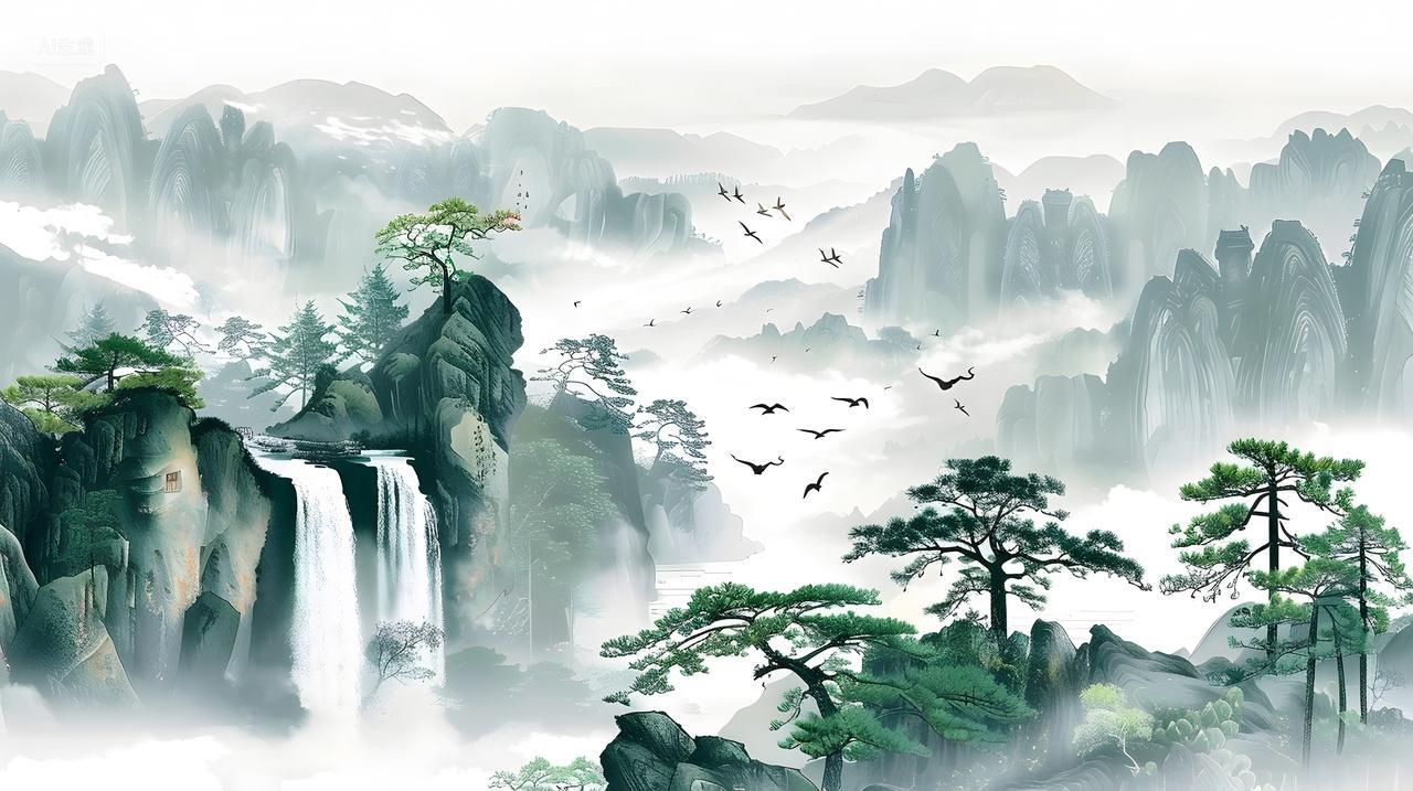 山水瀑布云雾风景画壁纸