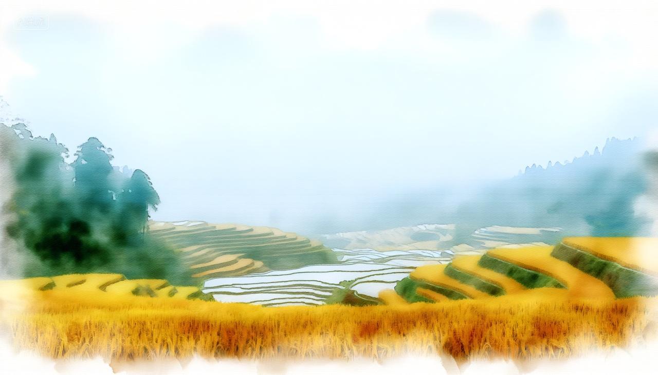 秋季山水画渐变蓝天空秋色梯田云雾缭绕立秋秋分秋天插画