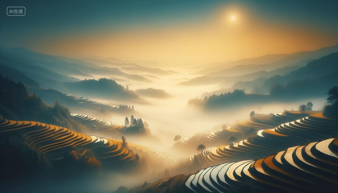 秋季山水画渐变蓝天空秋色梯田云雾缭绕立秋秋分秋天插画