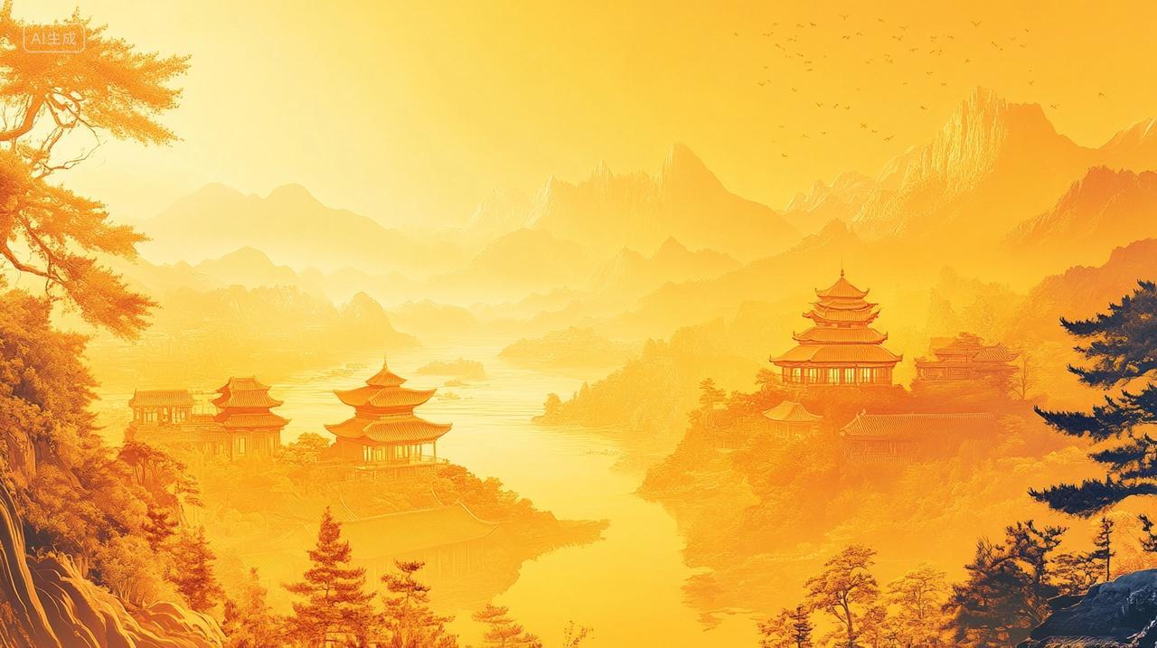 中秋季山水画渐变天空秋色梯田云雾缭绕立秋秋分秋天插画