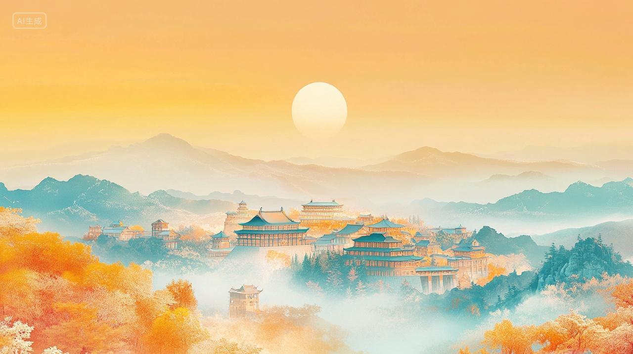 中秋秋季山水画渐变天空秋色梯田云雾缭绕立秋秋分秋天插画