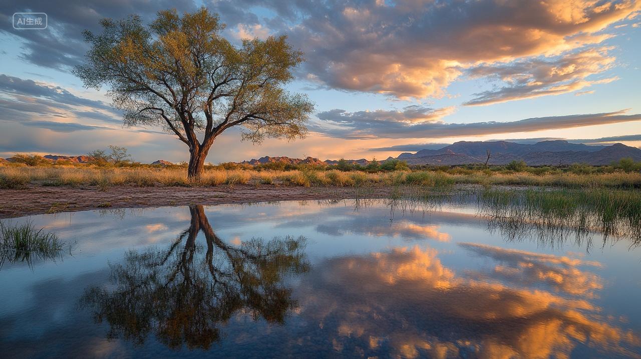 秋季初秋雨后黄昏沙漠湖泊倒影人间仙境立秋秋分秋天素材插画