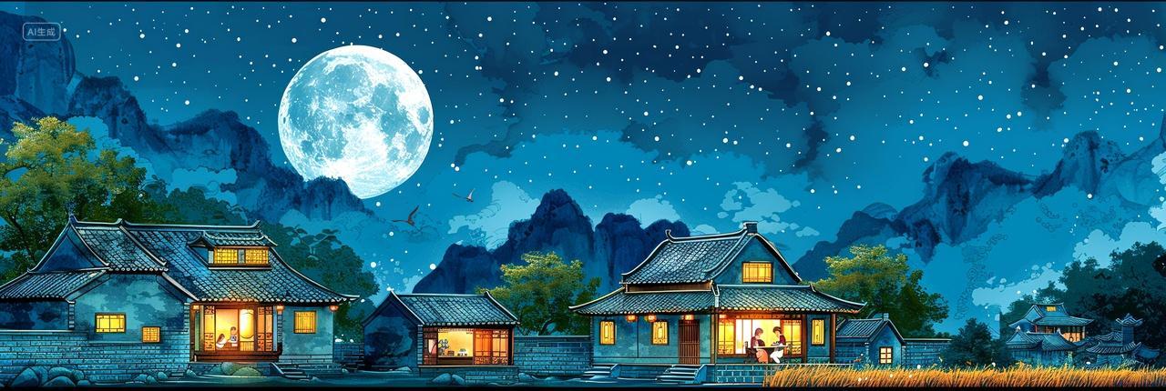 中秋节农村宁静祥和团聚插画素材