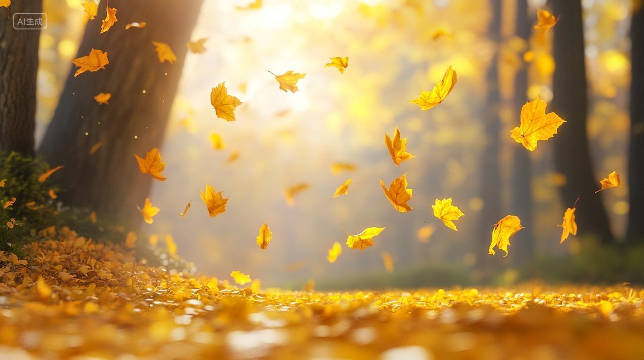 唯美森林秋天枫树树叶飘落