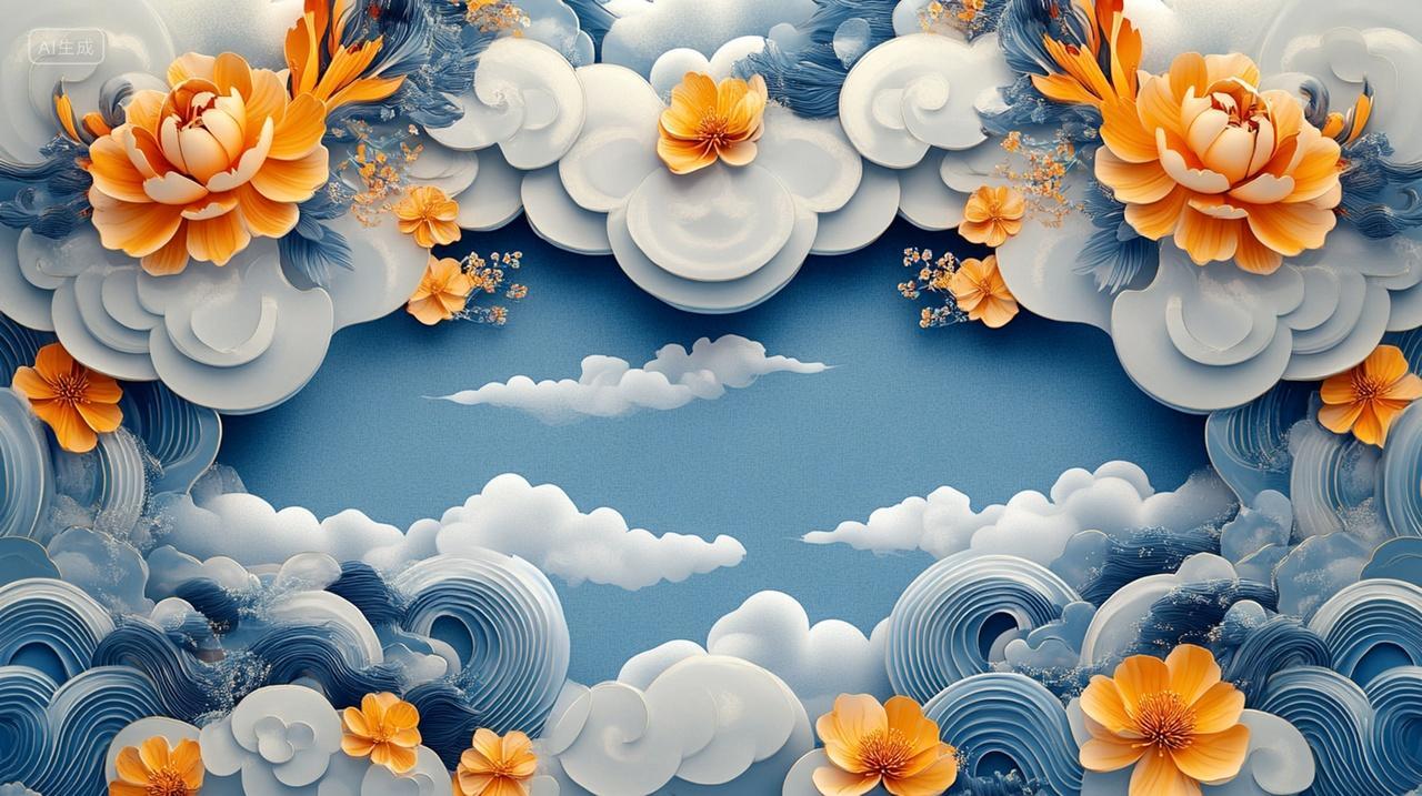 中国风国潮国风祥云立体花朵装饰背景