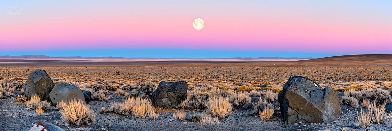 中秋节明亮的圆月下荒凉的戈壁沙漠景观