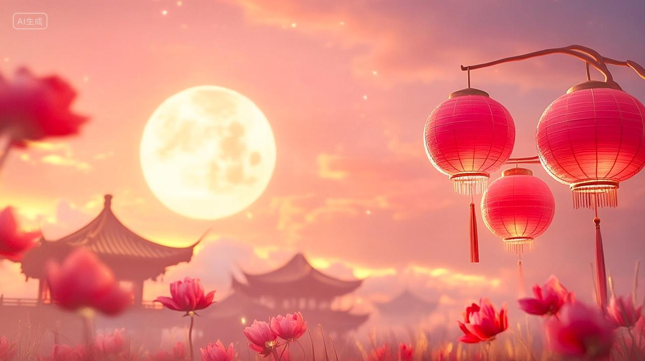 中国风天宫月亮红灯笼亭子喜庆背景