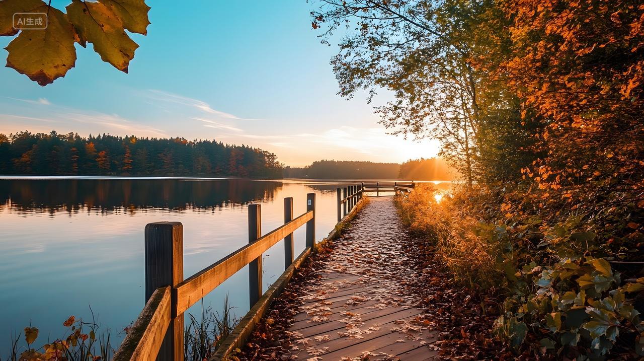 日落湖畔步道与秋色树木的宁静风景壁纸