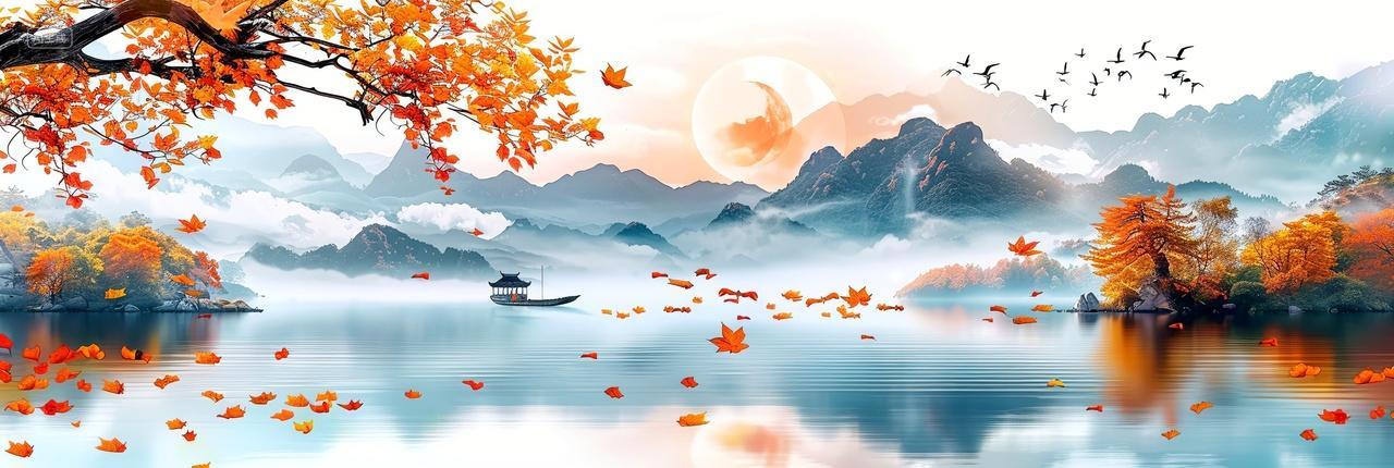 秋日的湖面反射着红枫高山宁静致远自然唯美插画