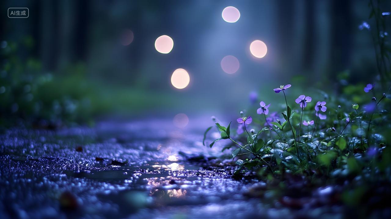 夜晚湿润森林小路与紫色花朵的梦幻风景壁纸