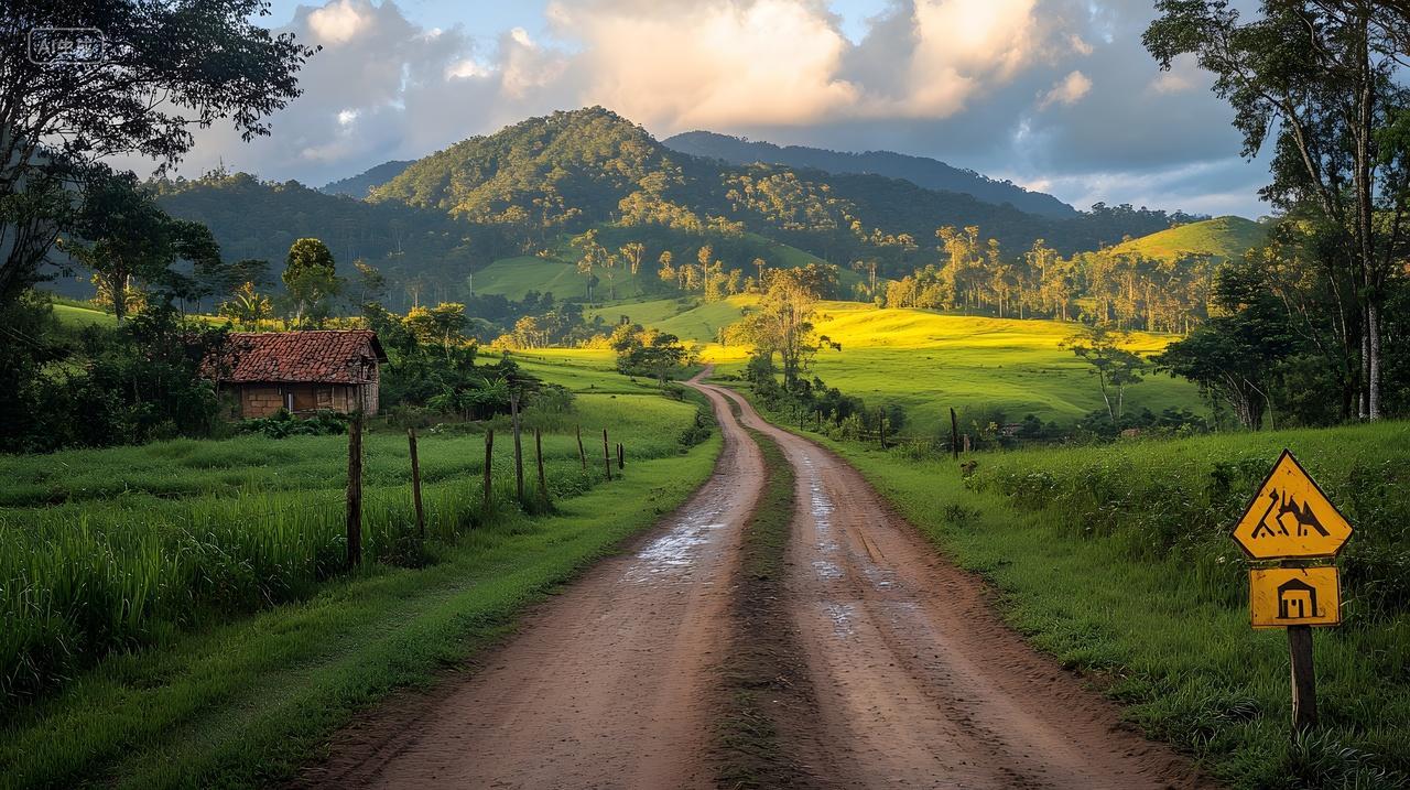 乡村小路通往远山的田园风光