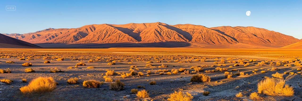 中秋节明亮的圆月下荒凉的戈壁沙漠景观