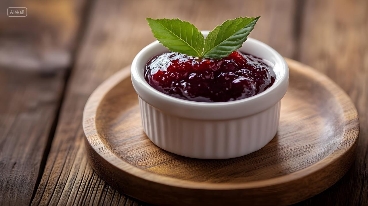 新鲜绿叶装饰的果酱小碗精致摆盘美食摄影