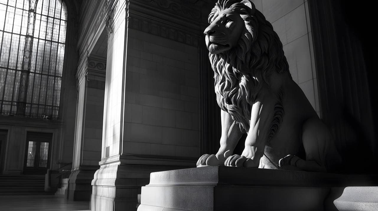 庄严石狮雕像黑白建筑摄影