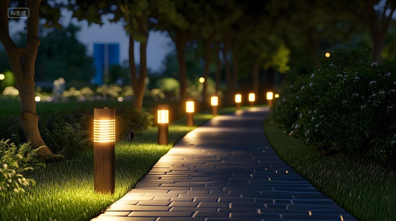 公园夜间步道灯光自然风景