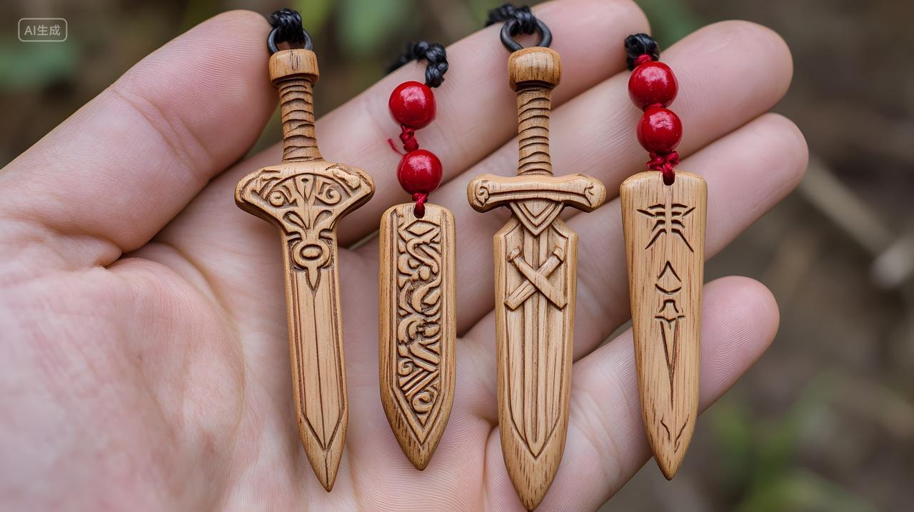 手持木质小剑挂件静物摄影