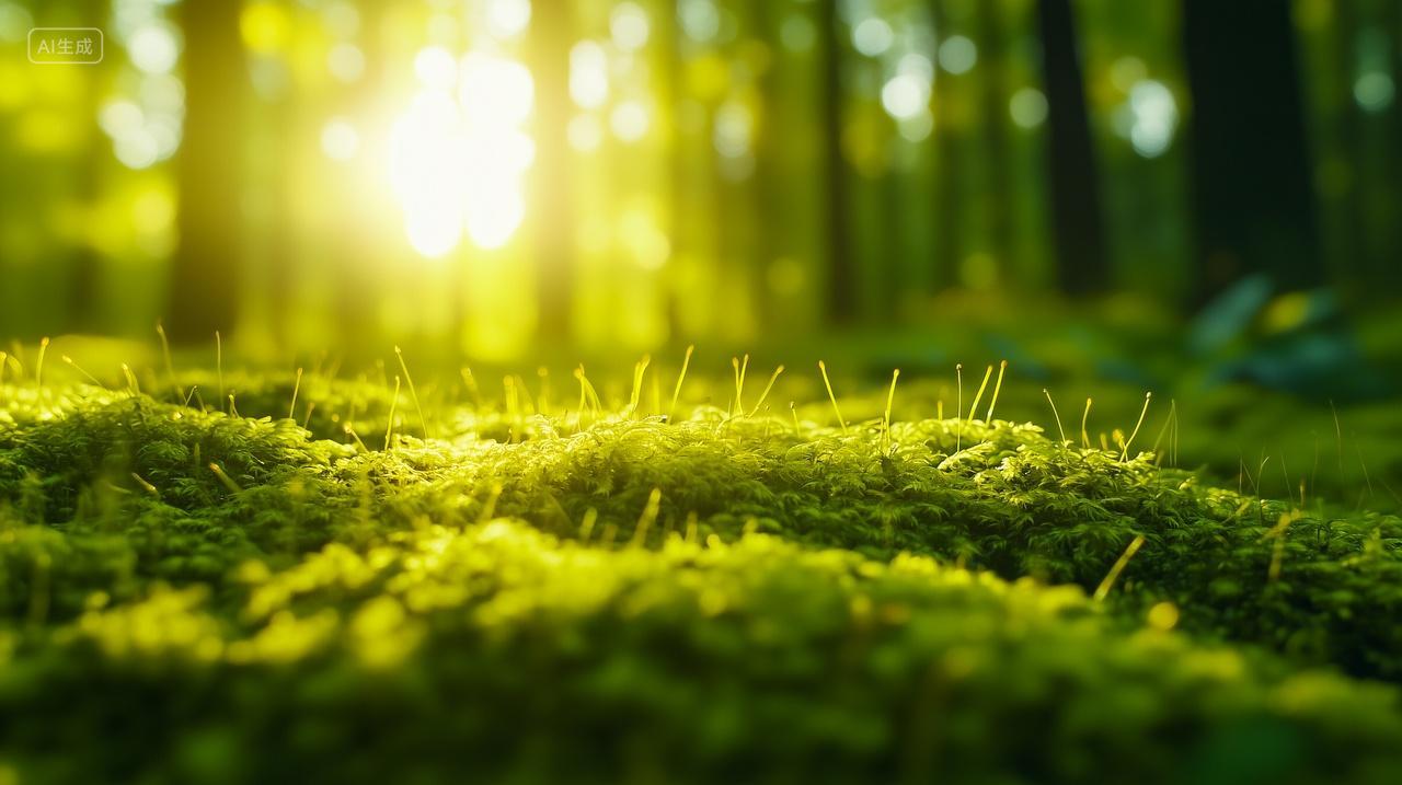 阳光照在森林的青苔绿色植物上小清新电脑壁纸