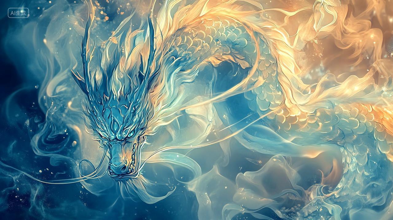 东方蓝金色烟雾中国龙插画