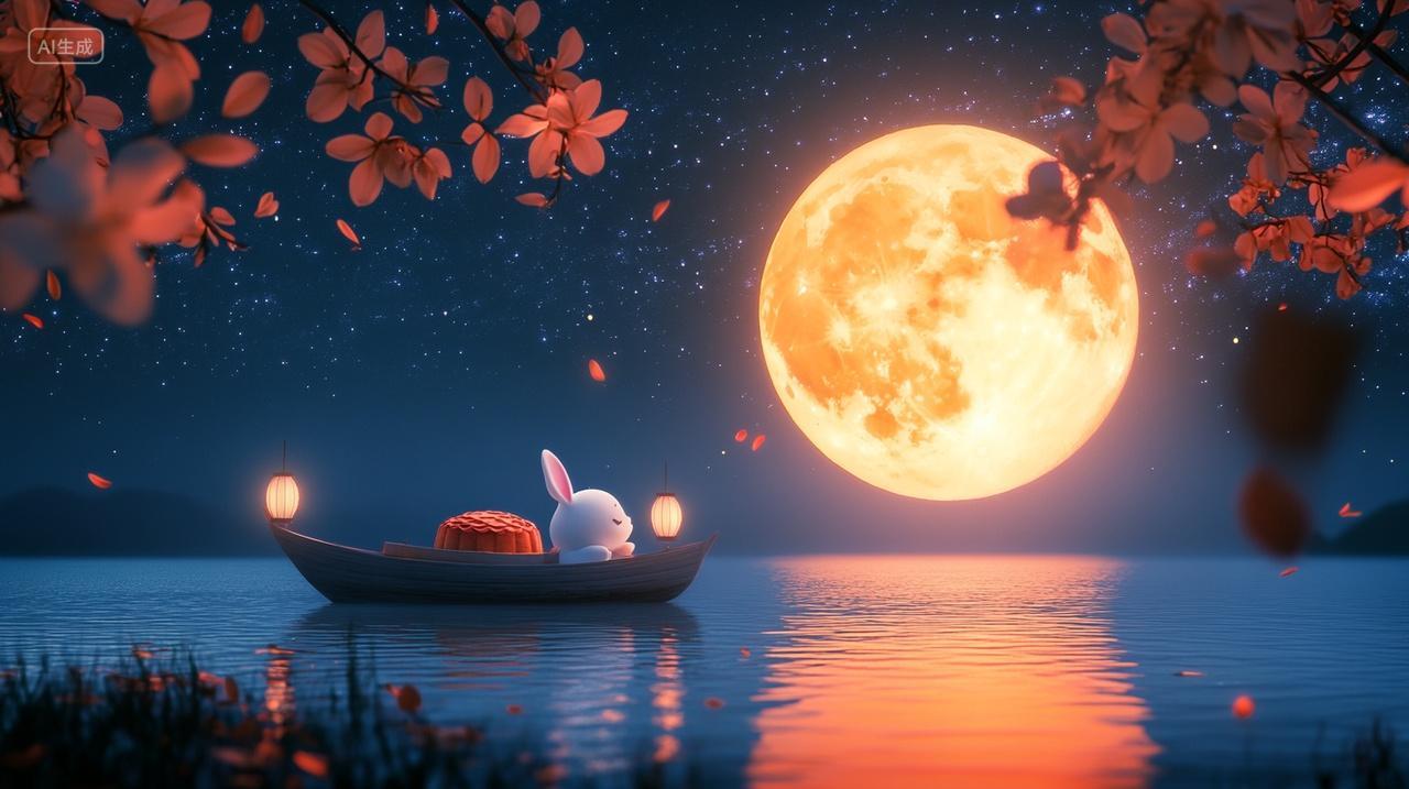 中秋节星空湖面小船月饼白兔灯笼桂花飘落温馨梦幻浪漫古风插画