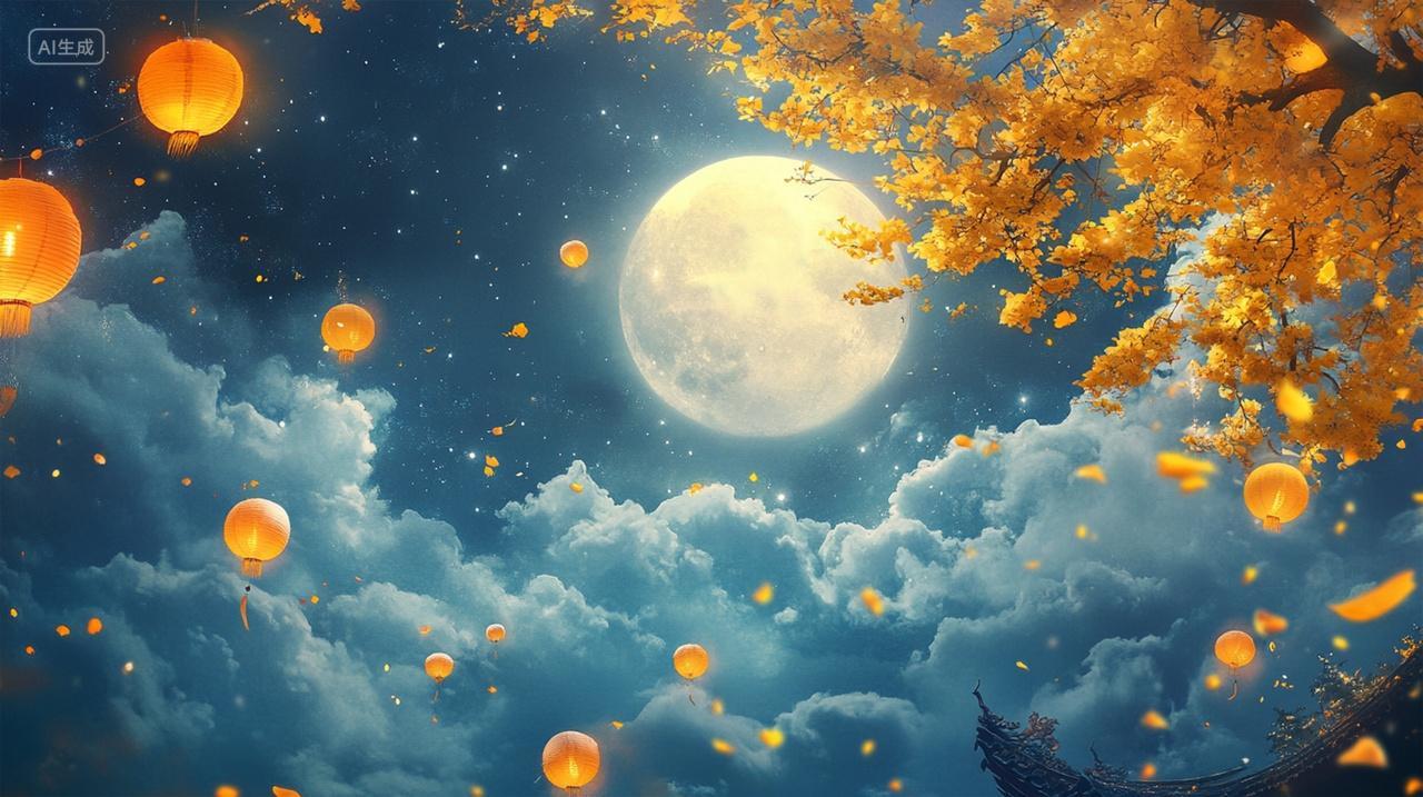 元旦中秋节皎洁月光云雾桂花树国风灯笼温馨宁静夜晚喜悦团圆素材插画