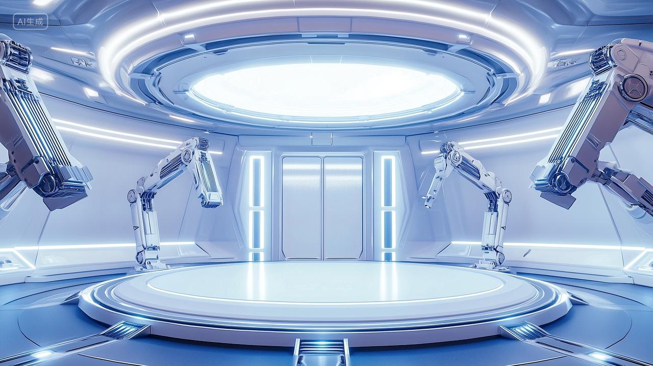 3D渲染科技机械臂科幻舞台背景