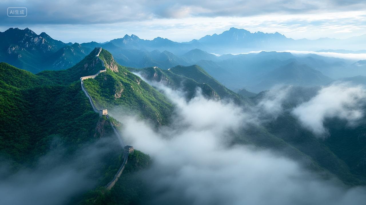 云雾缭绕的万里长城山河图风景壁纸